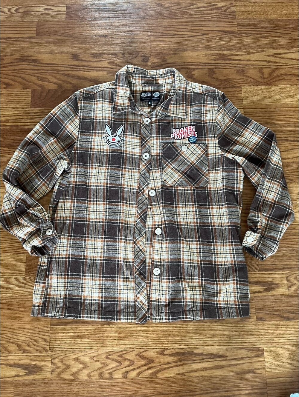 Broken Promises x Happy Bunny Graffiti Shacket Brown Flannel Shirt Jacket Size L
